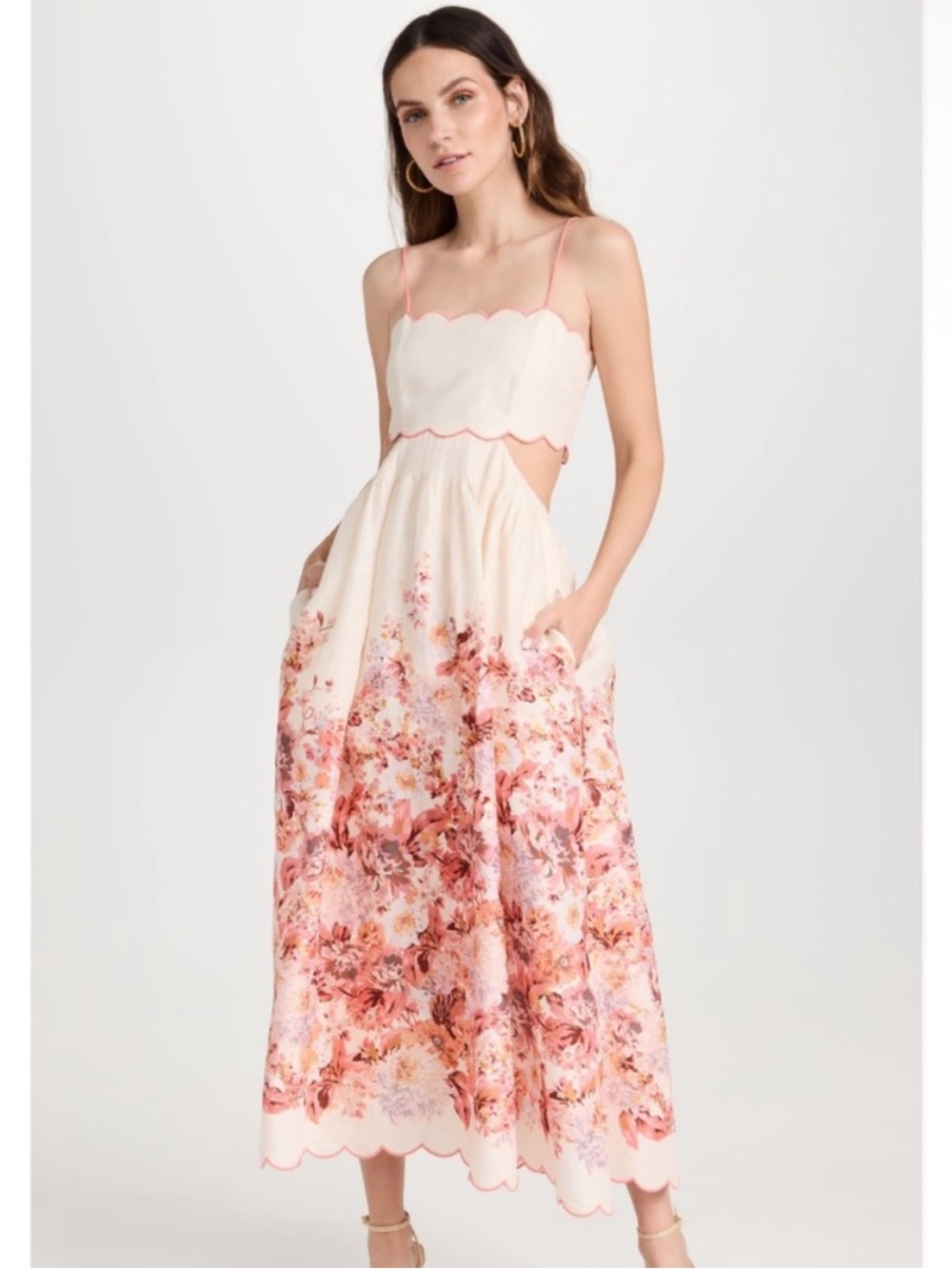 Zimmermann Devi Scallop Cutout Midi Dress in Pink & Cream Floral NEW Size US 8